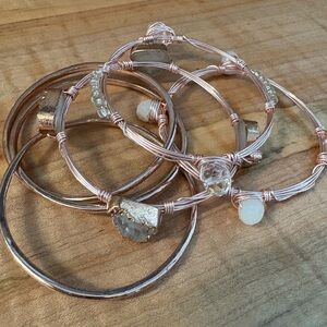 Lot of 6 Elegant Rose Gold Wire Wrapped and Plain Bangle Bracelets